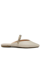 Rag Company beige black chain detail mules with gold chain strap and pointed toe design
