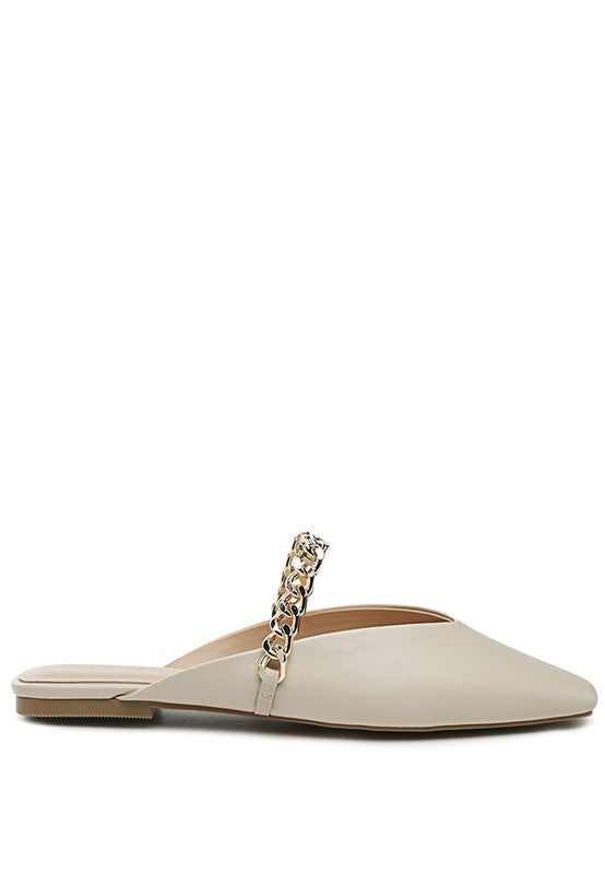 Rag Company beige black chain detail mules with gold chain strap and pointed toe design