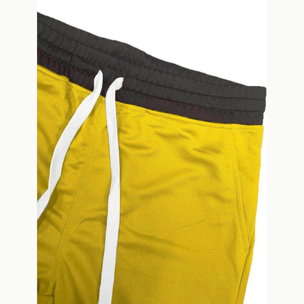 Men's yellow shorts with black chevron trim shorts and adjustable drawstring waistband