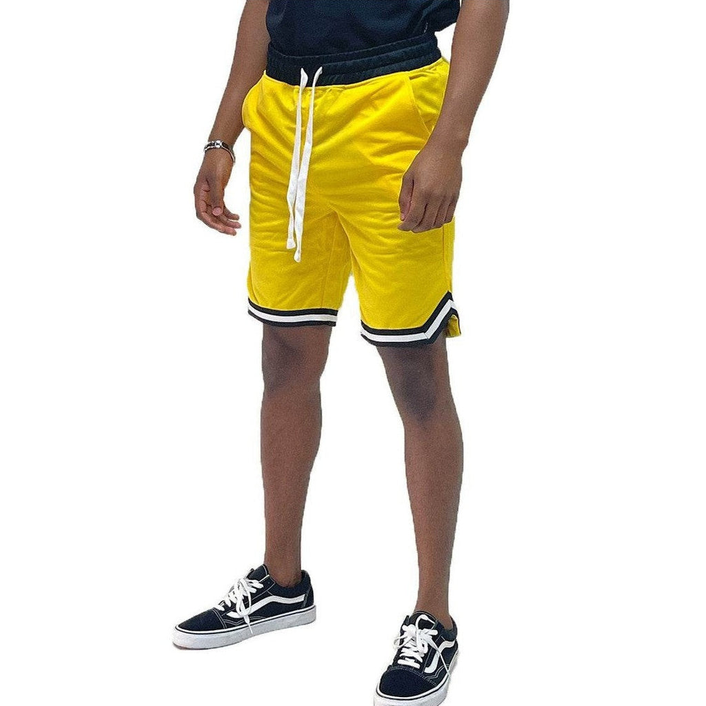 Bright yellow men's shorts featuring black chevron trim shorts for a stylish summer look
