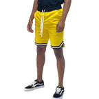 Bright yellow men's shorts featuring black chevron trim shorts for a stylish summer look