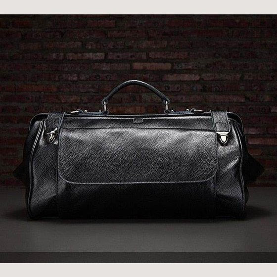 Stylish black coffee leather duffel bag with sturdy handles and spacious interior