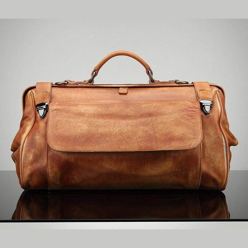 Elegant brown leather duffel bag from VacationGrabs with spacious compartments and sturdy handles