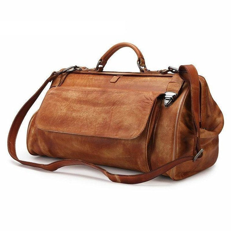 Stylish brown leather duffel bag from VacationGrabs featuring a spacious design and comfortable straps