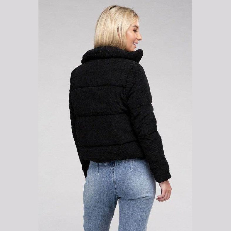 Back view of a stylish black corduroy jacket for women, perfect for casual wear