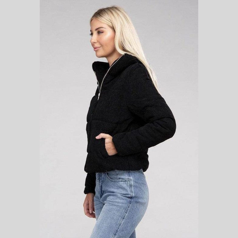 Stylish black corduroy jacket for women with a modern fit and zip pockets