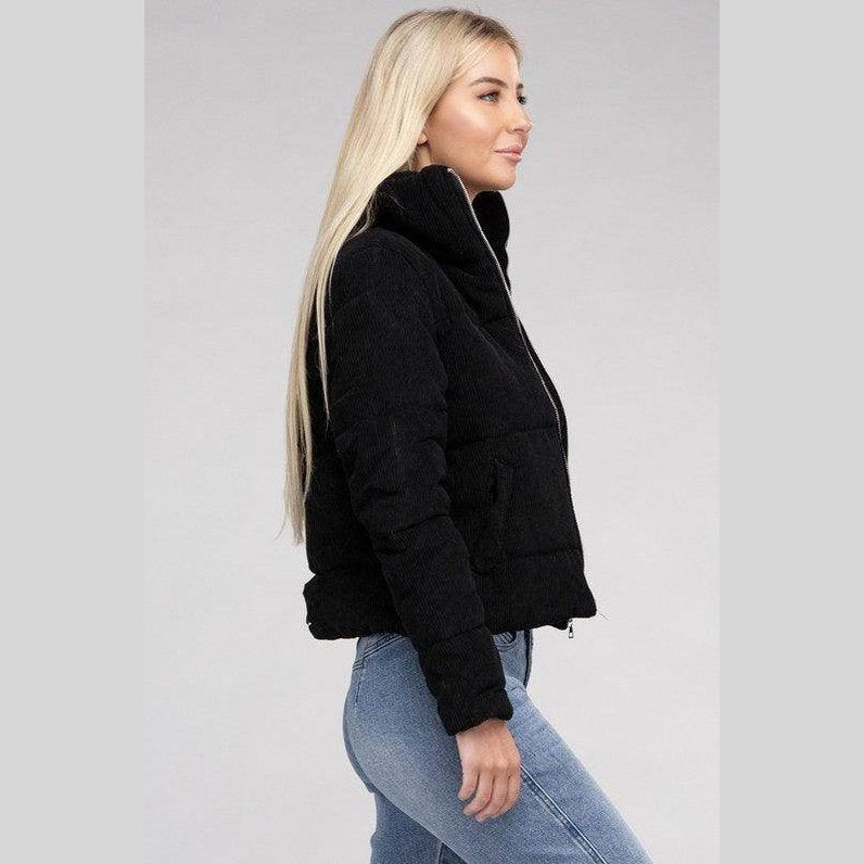 Women's black corduroy jacket by Ambiance Apparel with a stylish cropped design and high collar