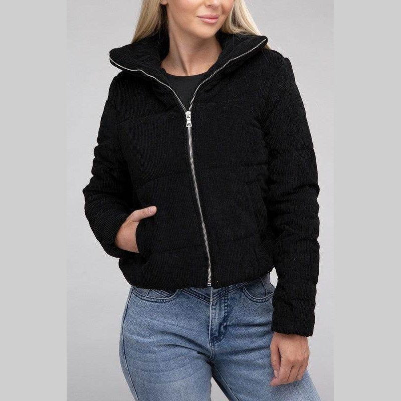 Women's black corduroy jacket from Ambiance Apparel with a zip front and side pockets