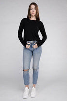 ZENANA black cotton long sleeve shirt paired with high-waisted ripped jeans for a stylish look