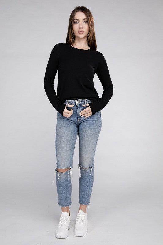 ZENANA black cotton long sleeve shirt paired with high-waisted ripped jeans for a stylish look