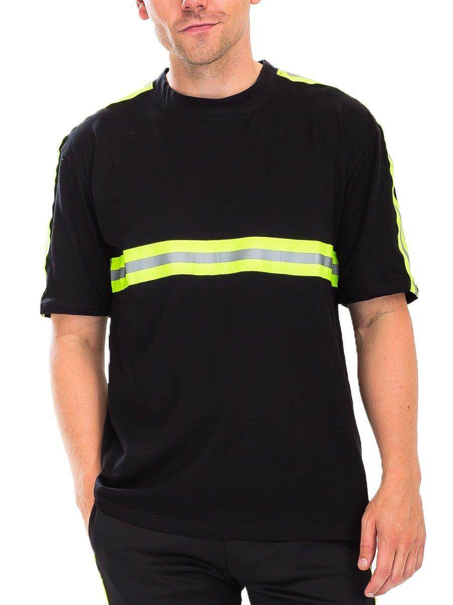 Black crew neck shirt for men with reflective stripes for added visibility and style