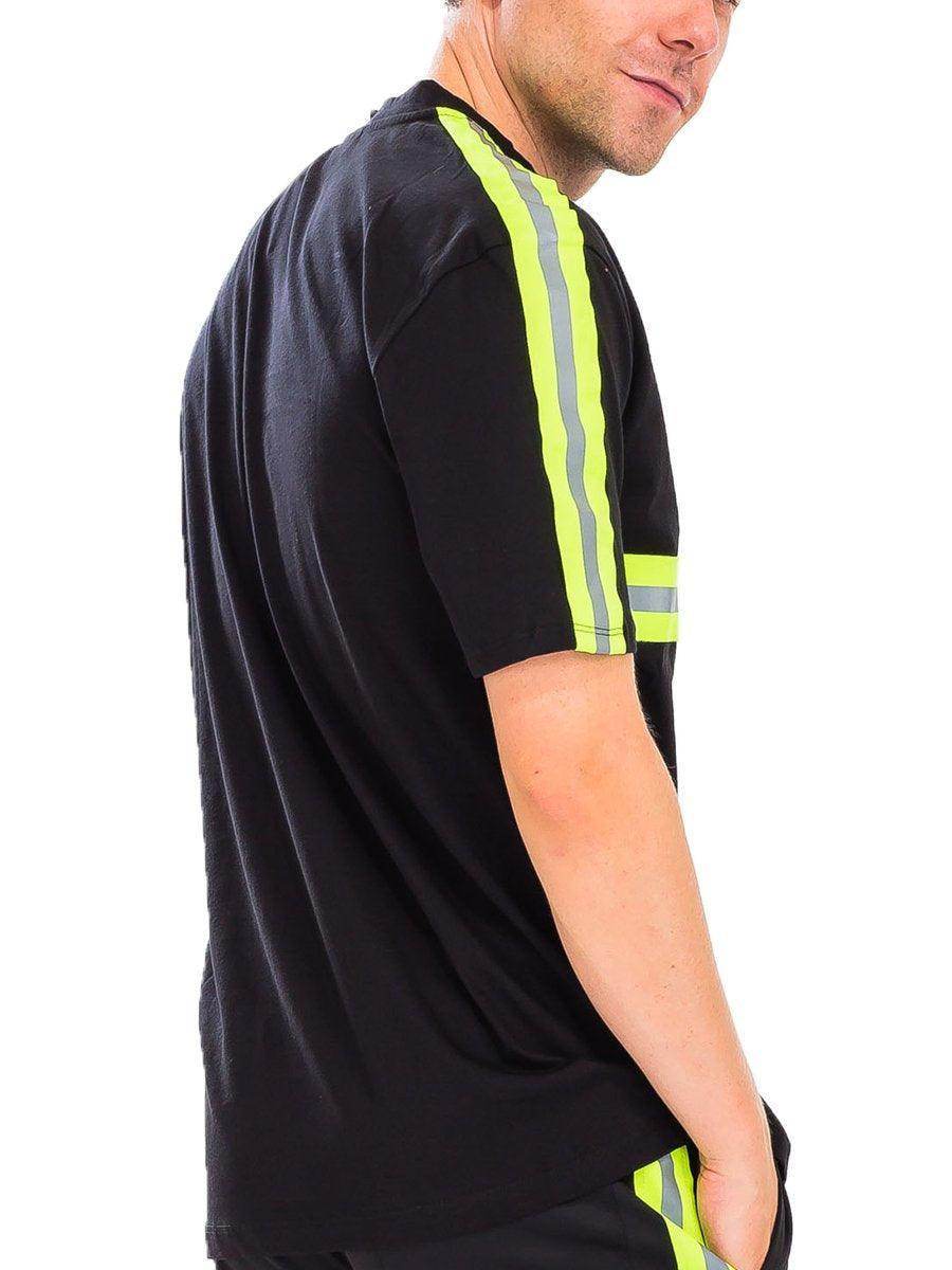 Men's black crew neck shirt for men featuring neon striped details on sleeves