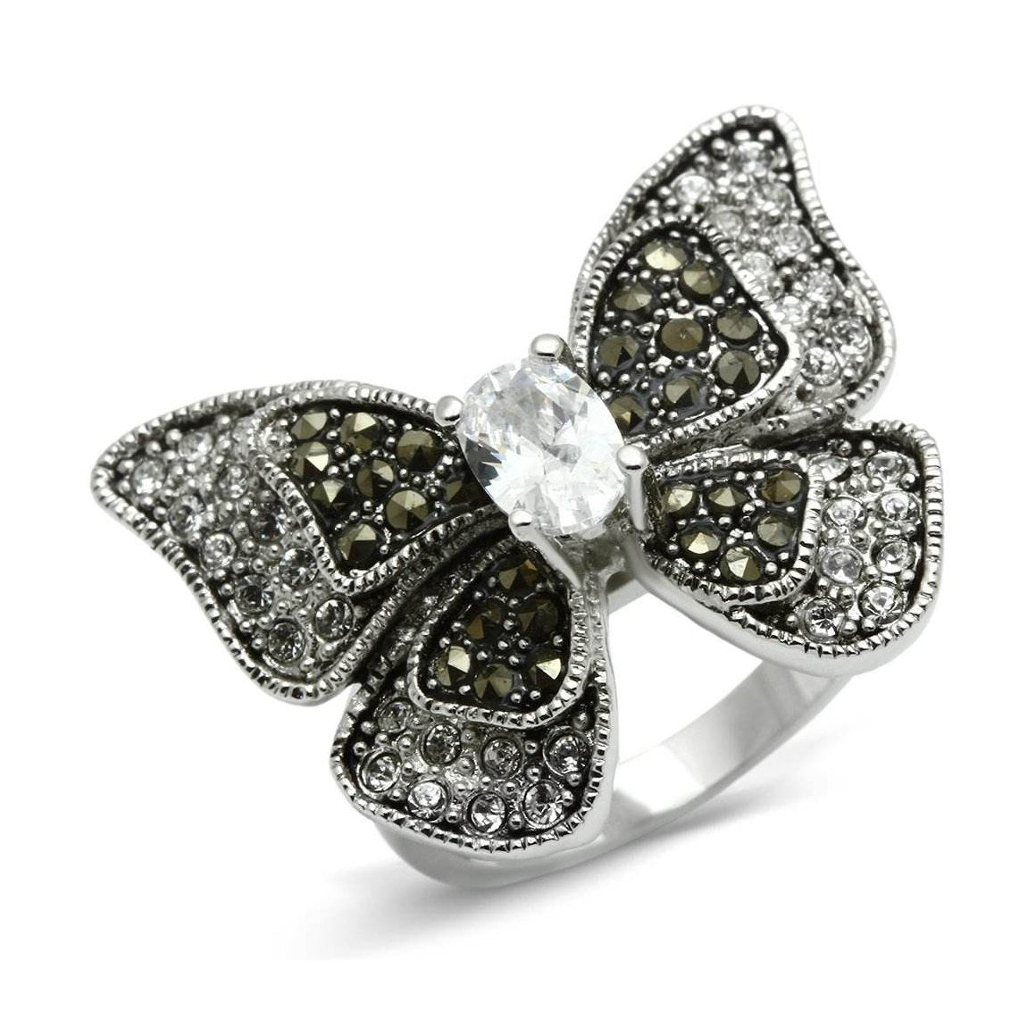 Black crystal butterfly statement ring featuring intricate detailing and a sparkling centerpiece