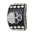 Black crystal skull cuff bracelet featuring a rhinestone-adorned skull design and metallic accents