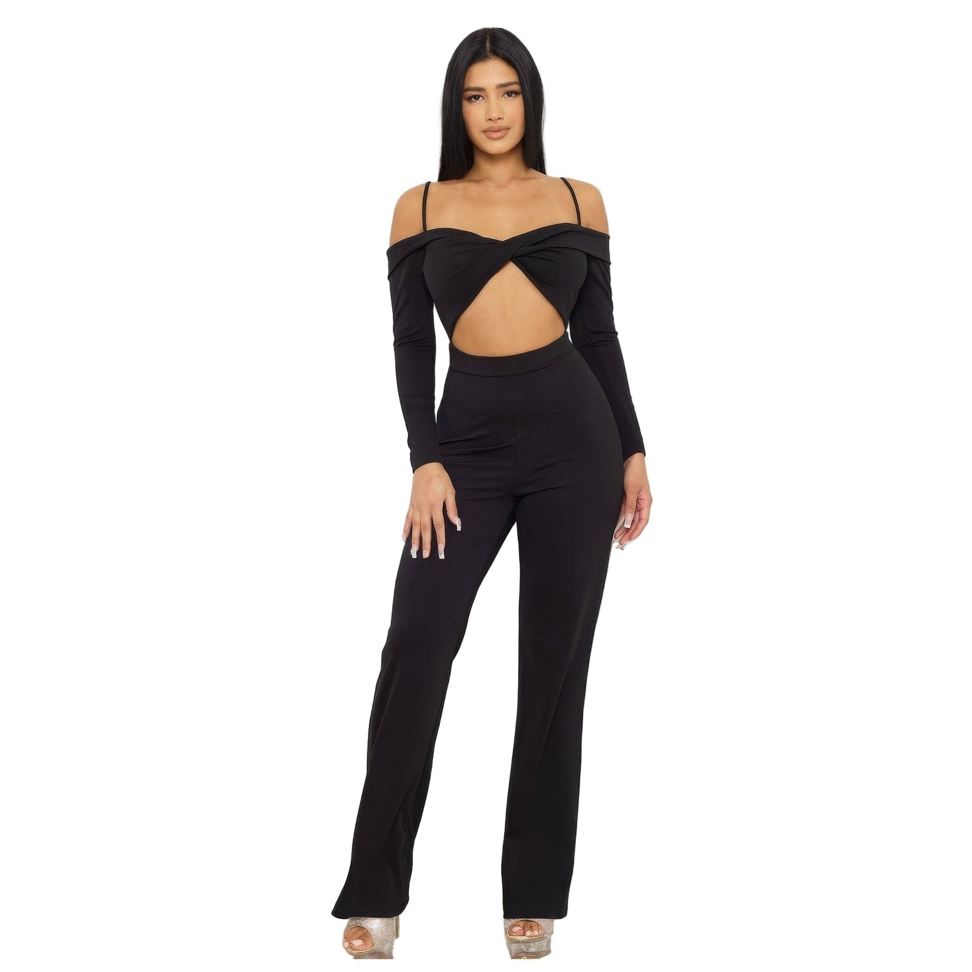 Stylish black cutout jumpsuit for women with off-the-shoulder design and flared pants