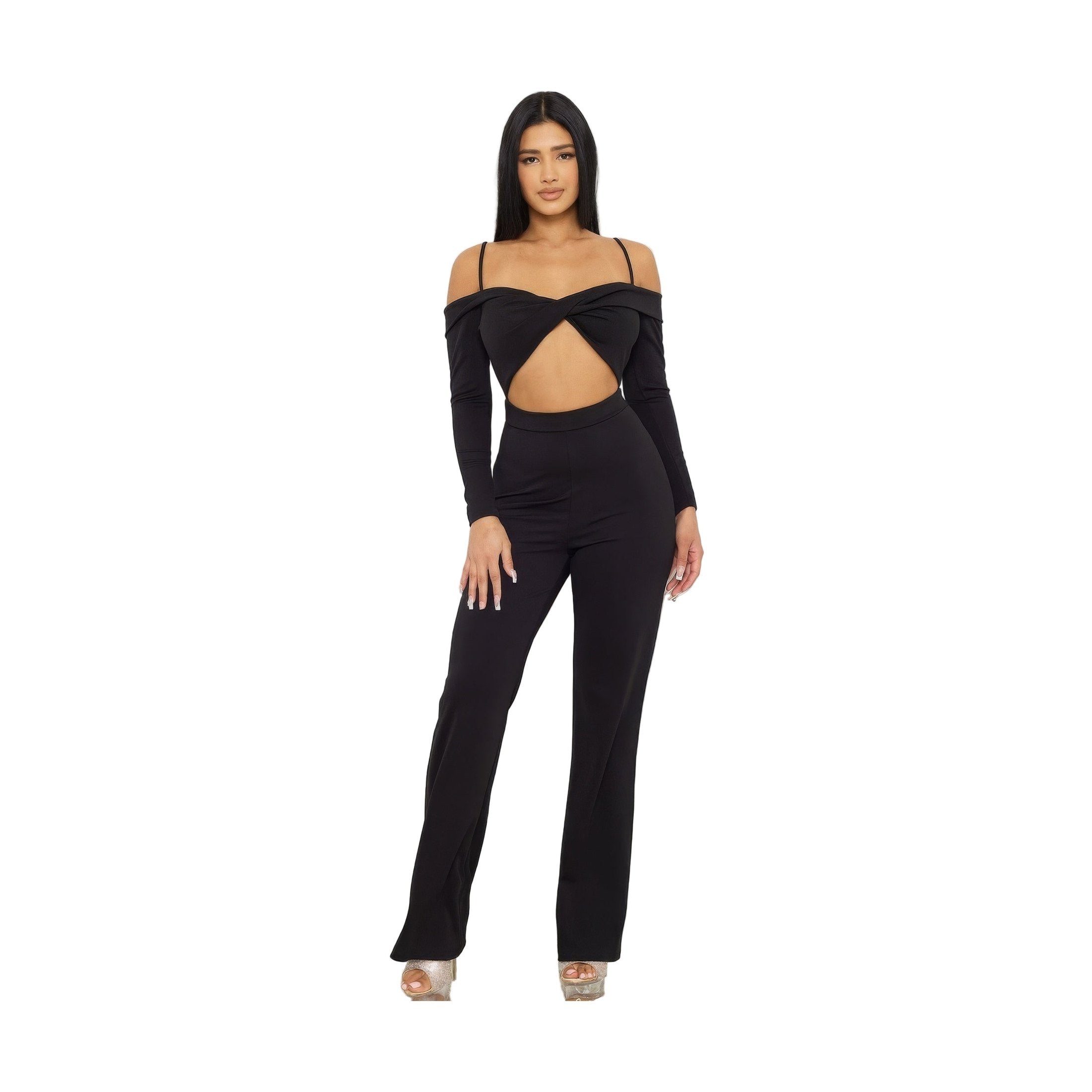 Stylish black cutout jumpsuit for women with off-the-shoulder design and flared pants