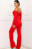 Stylish red women's jumpsuit featuring long sleeves and an off-shoulder design, perfect for chic occasions