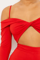 Stylish red off-shoulder women's jumpsuit with cutout detail, perfect for summer parties