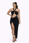 Black halter-neck dress for parties, features cut-out design