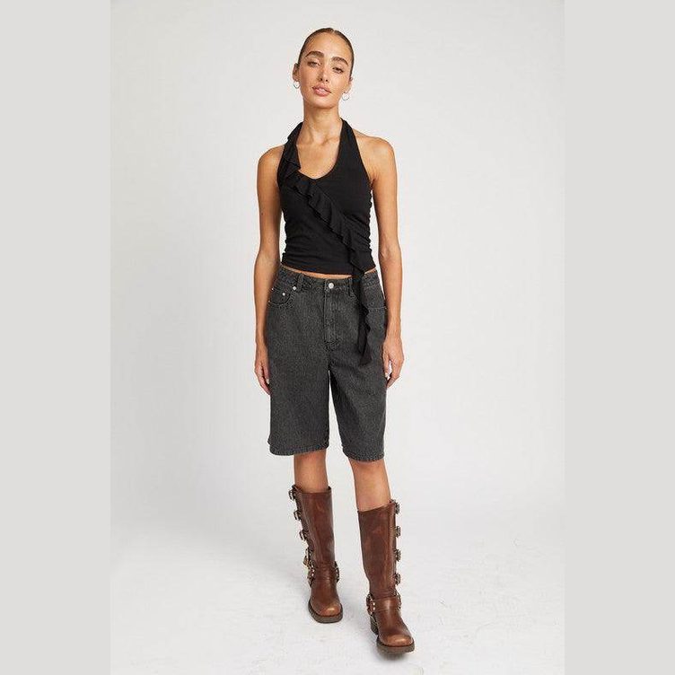 Black Denim Bermuda Culottes Shorts With Pockets - VacationGrabs