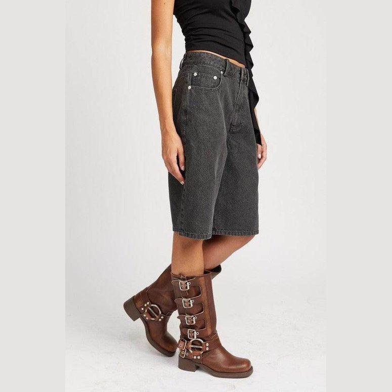 Black Denim Bermuda Culottes Shorts With Pockets - VacationGrabs