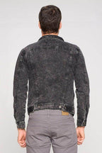 Back view of black denim jacket for men by Blue Age featuring a classic design and faded finish