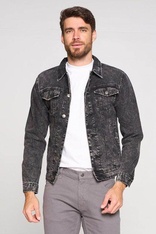 Stylish black denim jacket for men featuring a classic fit and front pockets from Blue Age