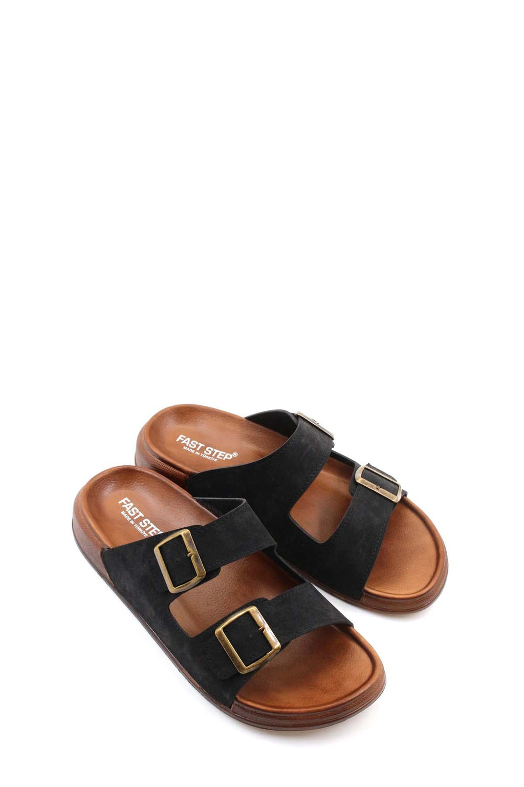 Black Double-Buckle Slide Sandals for Men – styled view