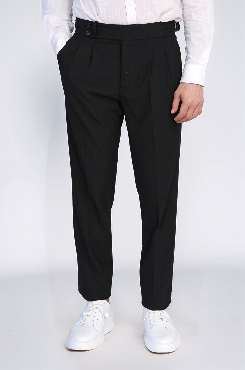 Black Double-Pleated High-Waisted Slim Fit Trousers with Side Buckles – front view