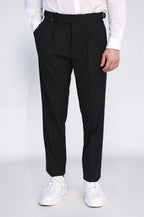 Black Double-Pleated High-Waisted Slim Fit Trousers with Side Buckles – front view