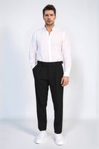 Black Double-Pleated High-Waisted Slim Fit Trousers with Side Buckles – side view