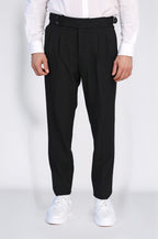 Black Double-Pleated High-Waisted Slim Fit Trousers with Side Buckles – styled view