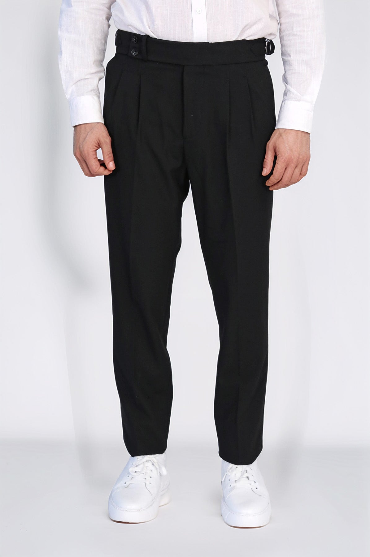 Black Double-Pleated High-Waisted Slim Fit Trousers with Side Buckles – styled view