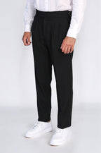 Black Double-Pleated High-Waisted Slim Fit Trousers with Side Buckles – close up view