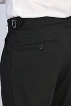 Black Double-Pleated High-Waisted Slim Fit Trousers with Side Buckles – full look view