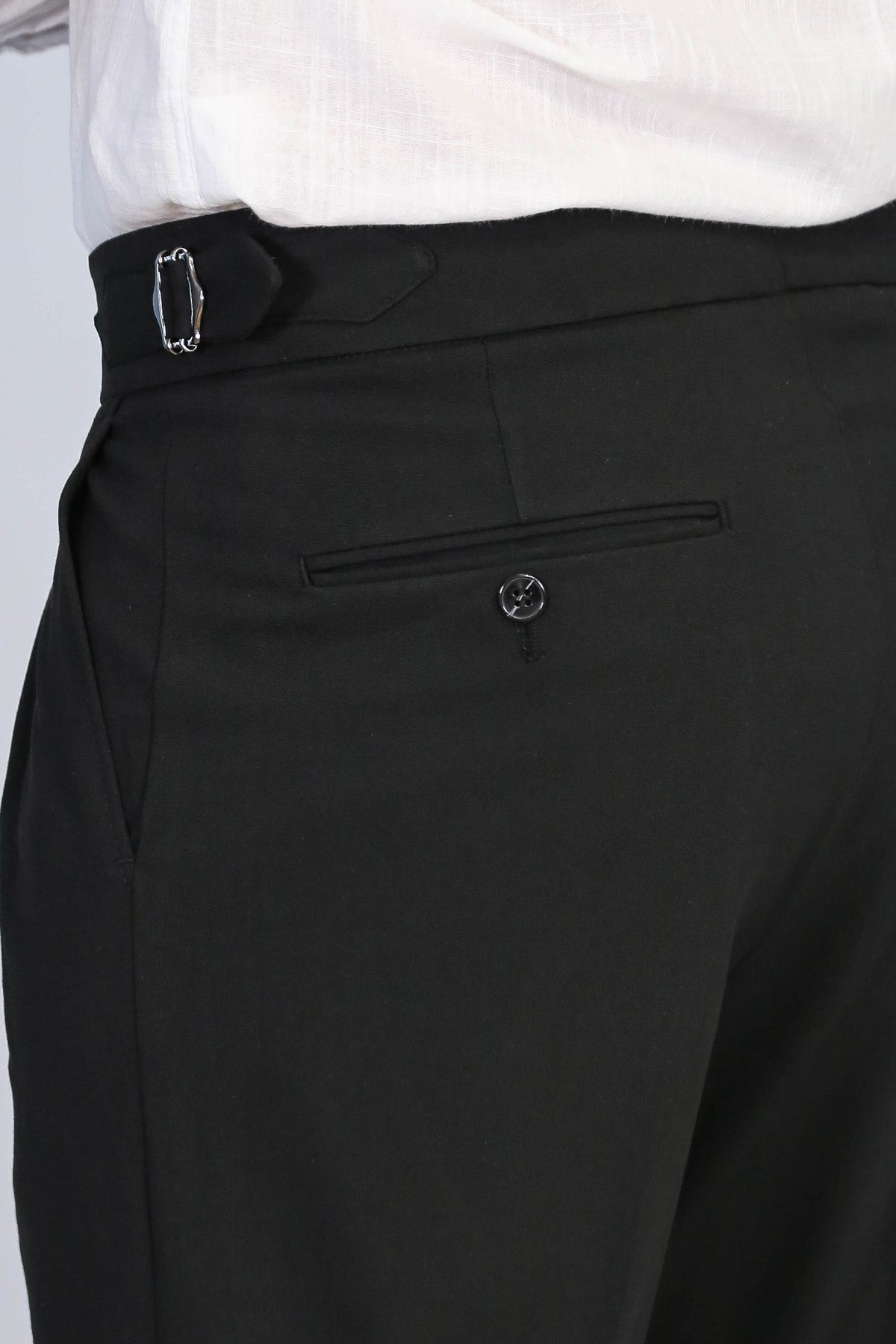 Black Double-Pleated High-Waisted Slim Fit Trousers with Side Buckles – full look view