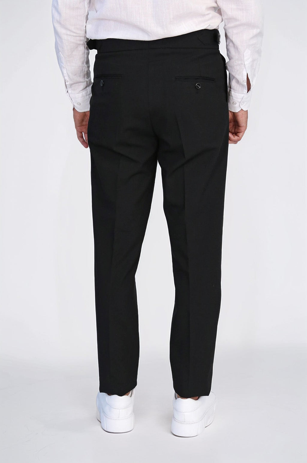 Black Double-Pleated High-Waisted Slim Fit Trousers with Side Buckles – fabric detail view