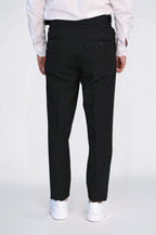 Black Double-Pleated High-Waisted Slim Fit Trousers with Side Buckles – fabric detail view