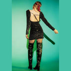 Stylish black embellished mini dress from Q2 featuring a low back and long sleeves