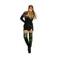Q2 black embellished mini dress with long sleeves, styled with thigh-high boots for a chic look