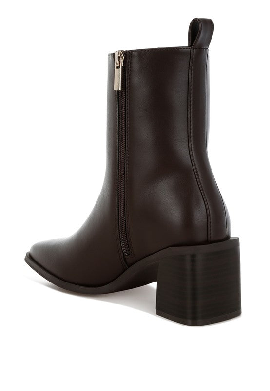 Stylish black faux leather ankle boots with a chunky heel and zipper detail from Rag Company