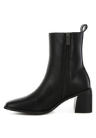 Stylish black faux leather ankle boots with a chunky heel and side zipper by Rag Company