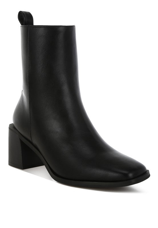 Black faux leather ankle boots with a stylish block heel for versatile outfits