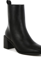Rag Company black faux leather ankle boots with a stylish block heel and modern design