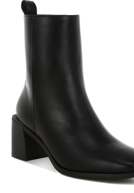 Rag Company black faux leather ankle boots with a stylish block heel and modern design