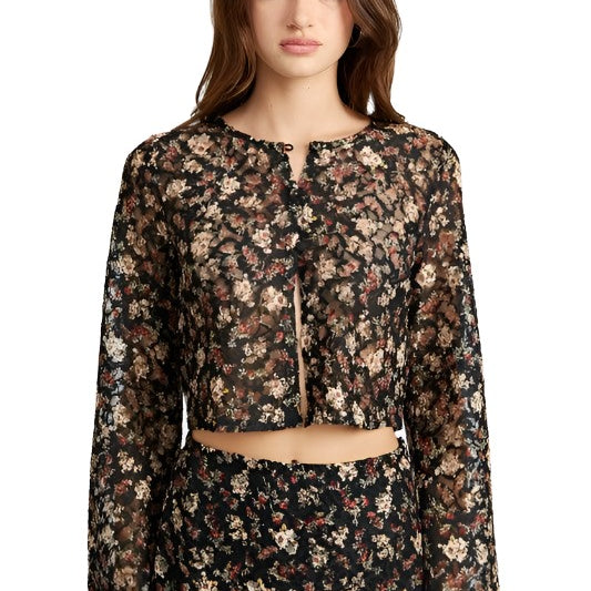 Women's Shirts - Cropped Tops Black Floral Bell Sleeve Cropped Top