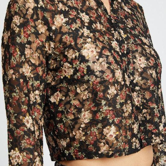 Women's Shirts - Cropped Tops Black Floral Bell Sleeve Cropped Top