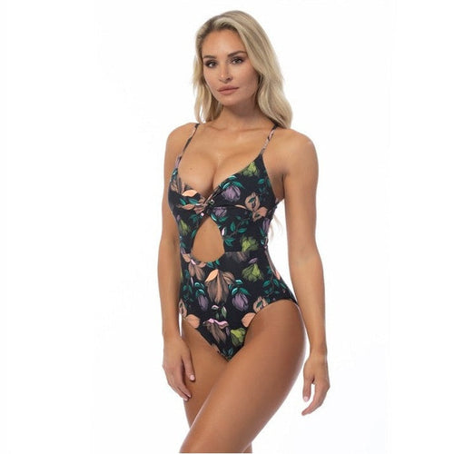 Beach Joy Bikini black floral cutout one piece swimsuit worn by woman with thin straps and front keyhole design