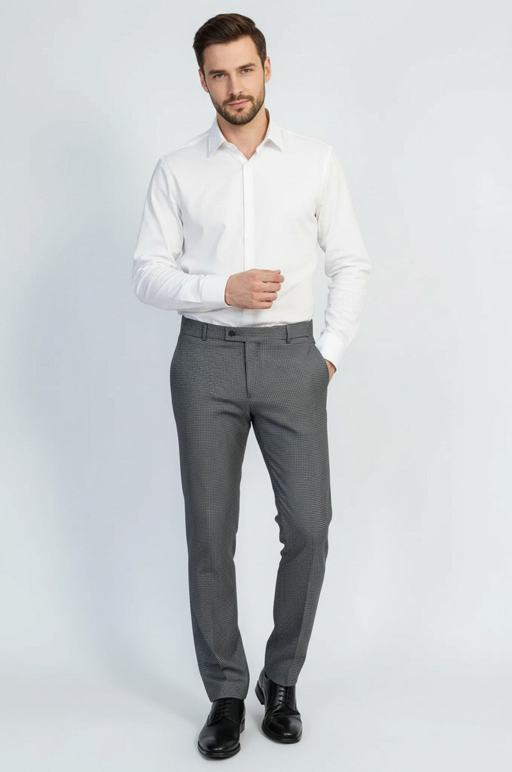 Black & Grey Micro-Patterned Fabric Trousers – side view