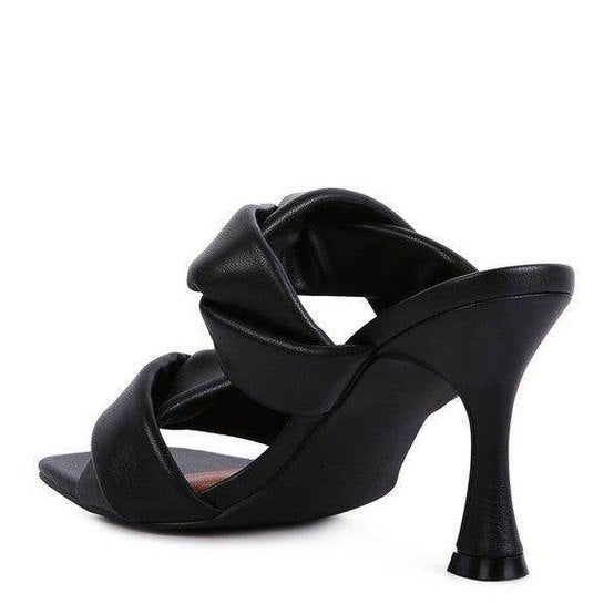 Stylish black heeled summer sandals with twisted straps and a comfortable heel for modern women's fashion